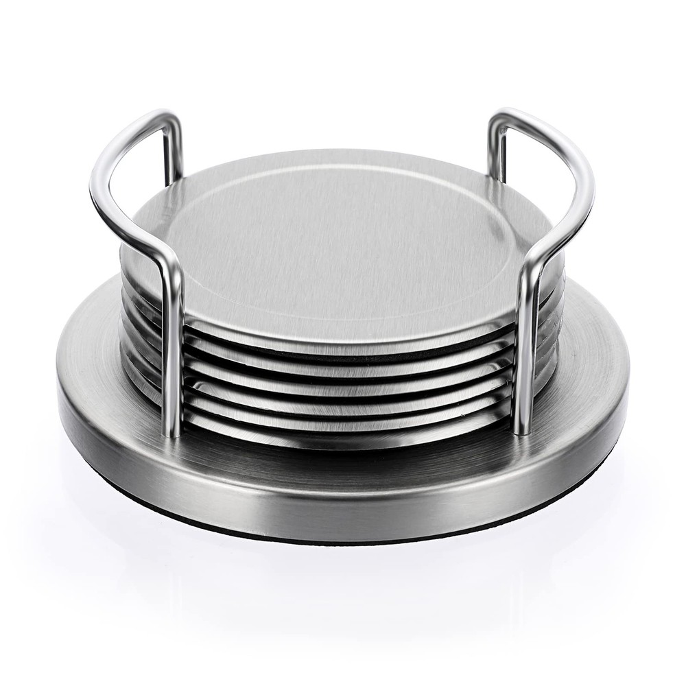 Set of 6 Stainless Steel Round Coasters with Holder & Sponge Bottom, Silver M...