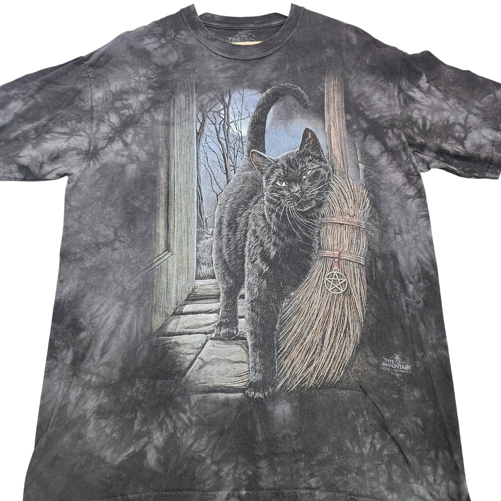 The Mountain Shirt Mens Large Black Cat Broom Graphic Tee Halloween Tie Dye