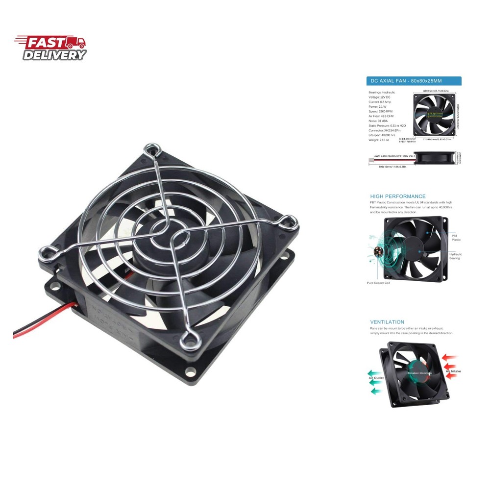 PC Case Fans 80mm x 80mm x 25mm 12V Brushless DC Cooling Fan 2Pin for Compute...