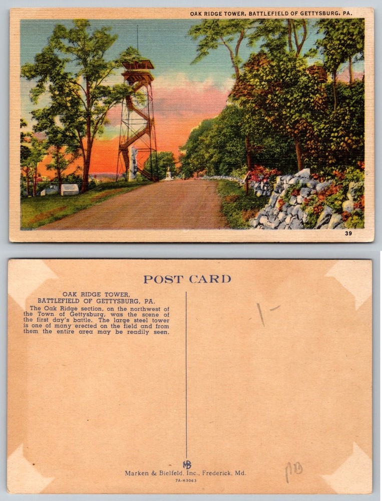 Oak Ridge Tower Gettysburg PA Linen Postcard Battlefield Marker & Bielfeld