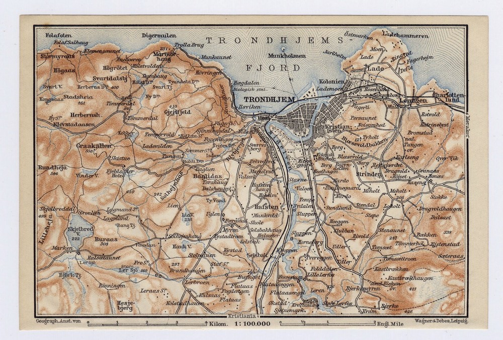 1912 Original Antique Map Vicinity Trondheim Trondhjem Nidaros Kaupangen Norway