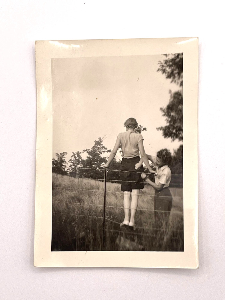 Vintage Snapshot Girls Climbing Wire Fence Rural Farm Photo
