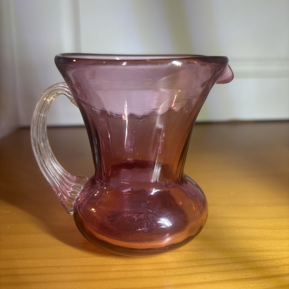 Pilgrim Cranberry Optic Mini Pitcher Creamer Glass 3.5” Tall Textured Handle Vtg