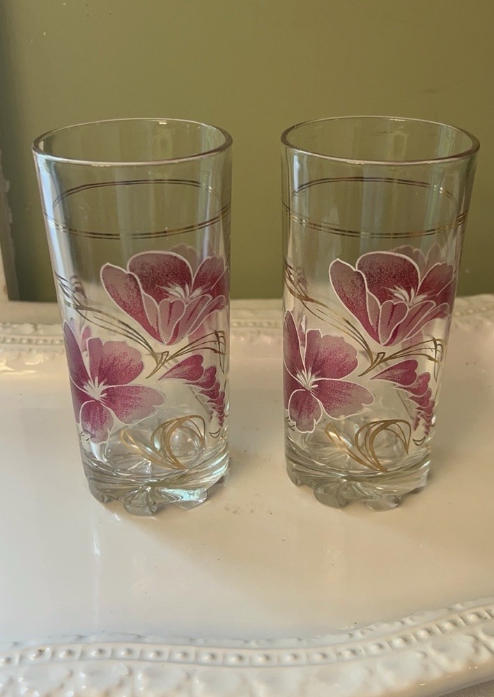 Vintage Pink Orchid Floral Tumblers Cerve In Italy Set Of 2