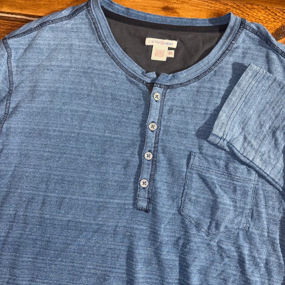 Carbon 2 Cobalt Henley Shirt Mens XXL Blue Long Sleeve Cotton Slub Pocket