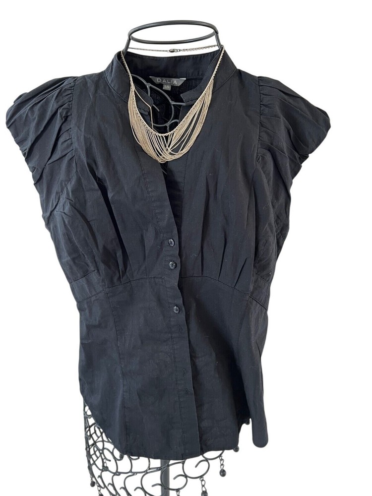 Dalia Black Short Sleeve Button-Up Blouse With Ruched Shoulders Size L