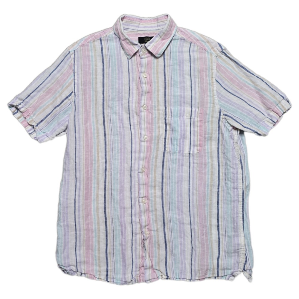 Linen Club Room Pastel Striped Button Down Shirt Mens M Short Sleeve 100% Linen