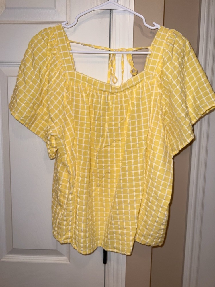 Chic Soul Blouse/Top Plus Size 3X Yellow White Check Flutter Square Neck EUC