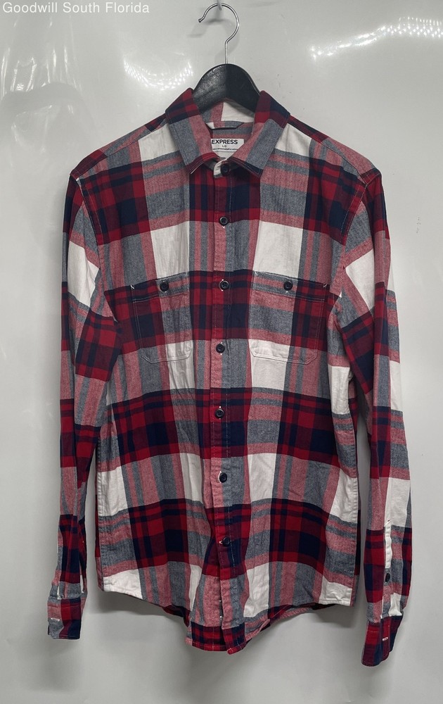 Express Mens Red White Blue Plaid Flannel Cotton Long Sleeve Button-Up Shirt L