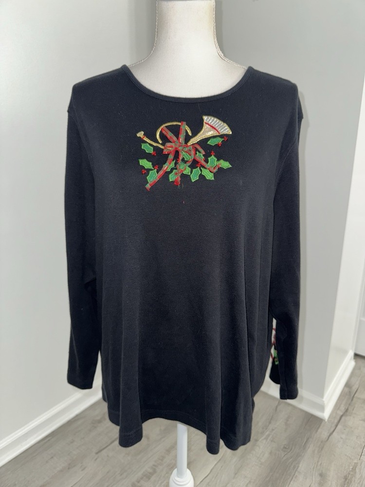 Studio Joy Black Holiday Top 2X Embroidered Horn Holly Bows Christmas Plus