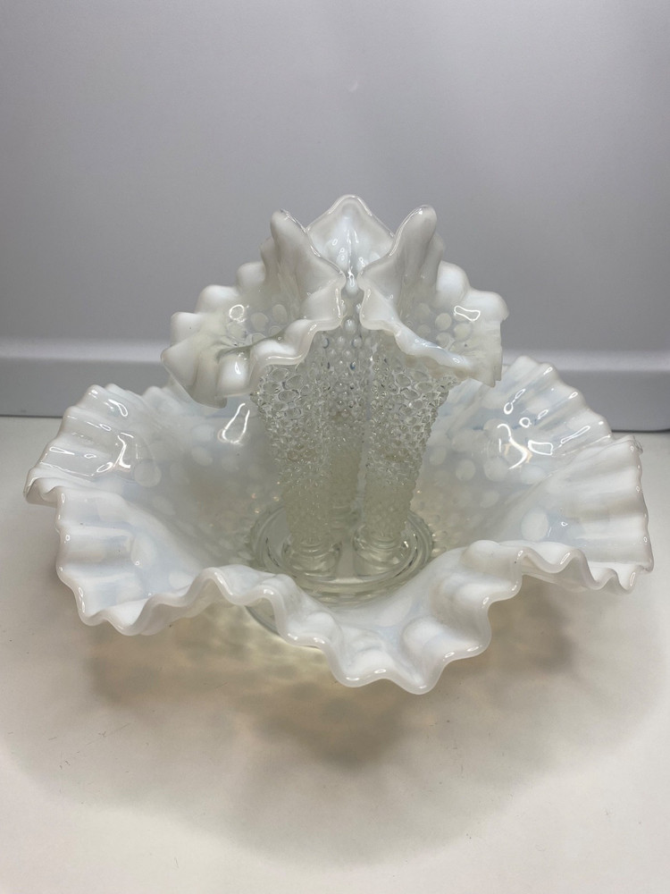 VINTAGE Fostoria OPALESCENT 3 HORN HOBNAIL EPERGNE VASE
