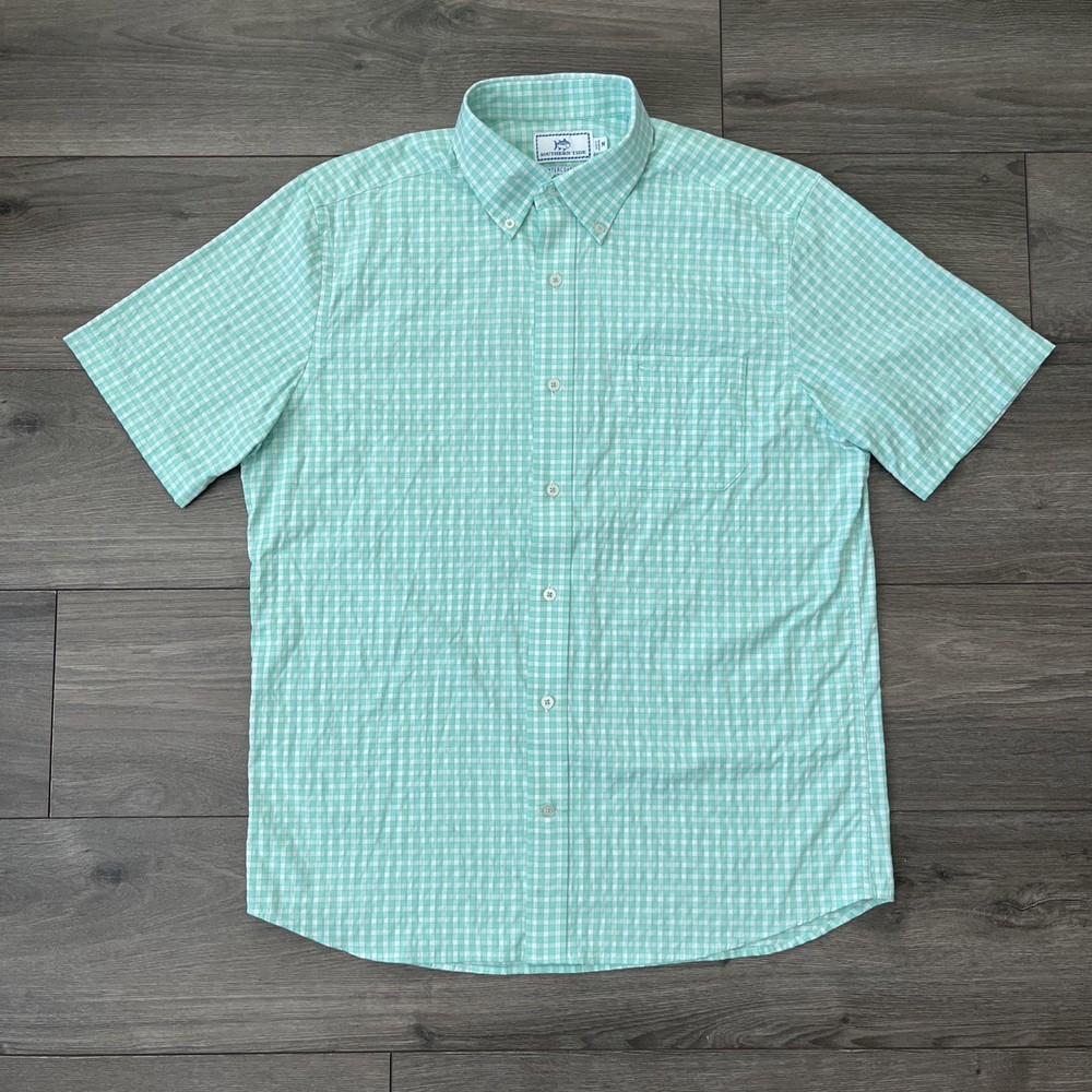 Southern Tide Intercoastal Mens M Button Up Shirt Green Checker Short Sleeve