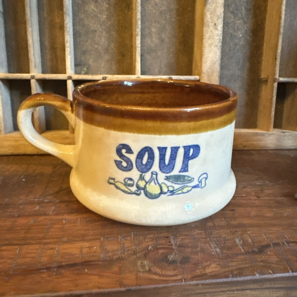 vintage cream and brown ceramic stoneware soup mug