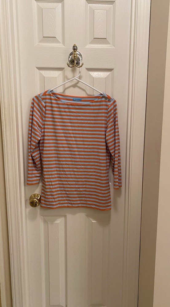 J. McLaughlin Coral Orange Blue Stripe Wavesong Catalina Cloth Shirt M Preppy