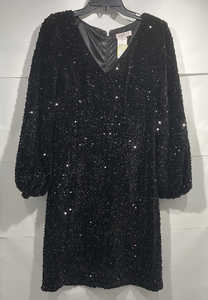 Nanette Lepore Sequin Dress Black V Neck Women's Size 10 Black Sheath Zip Lined