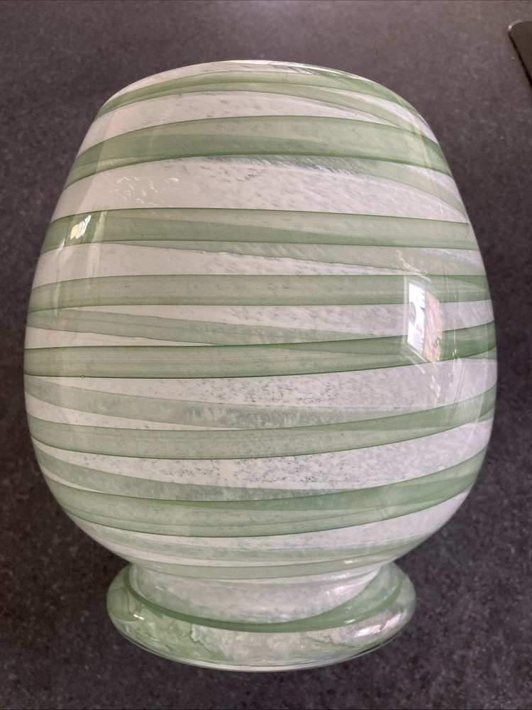 Art Glass Vase  Green And White Swirl Round.