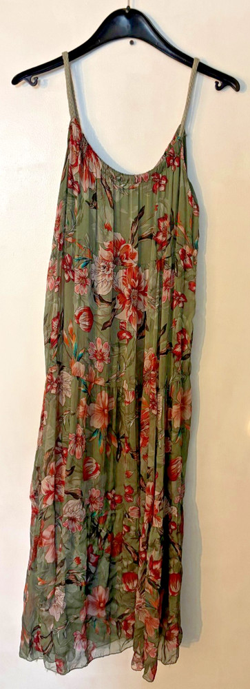 Elena Baldi Women’s Small Green Silk Tropical Print Maxi Dress Tiered Braided