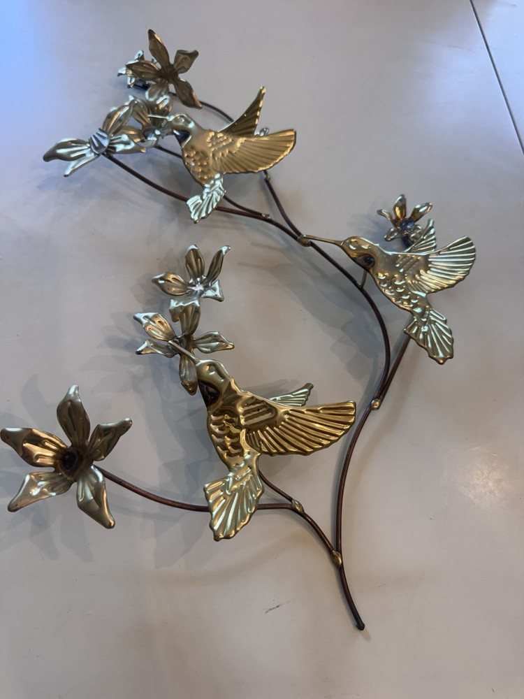 Vintage Brass Hummingbird Wall Art Floral Metal Sculpture Mid Century Decor