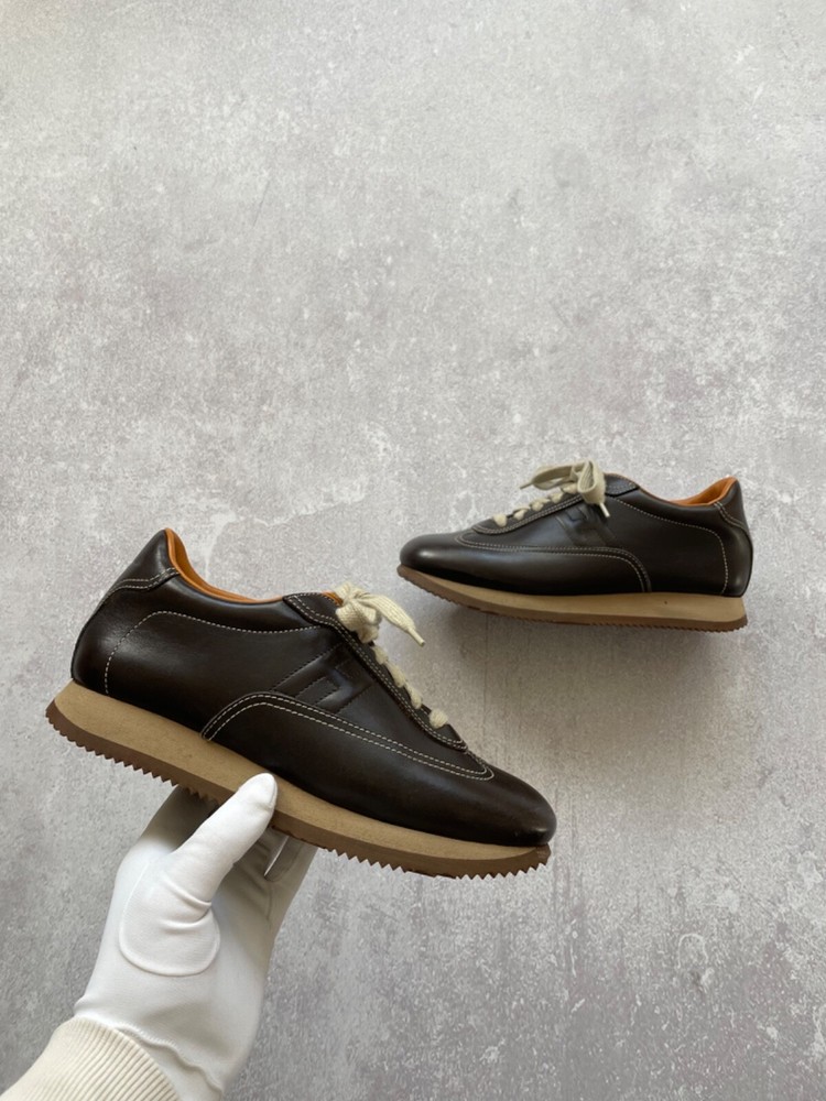 Hermes Brown Leather Low Sneakers Caoutchouc Women's 38