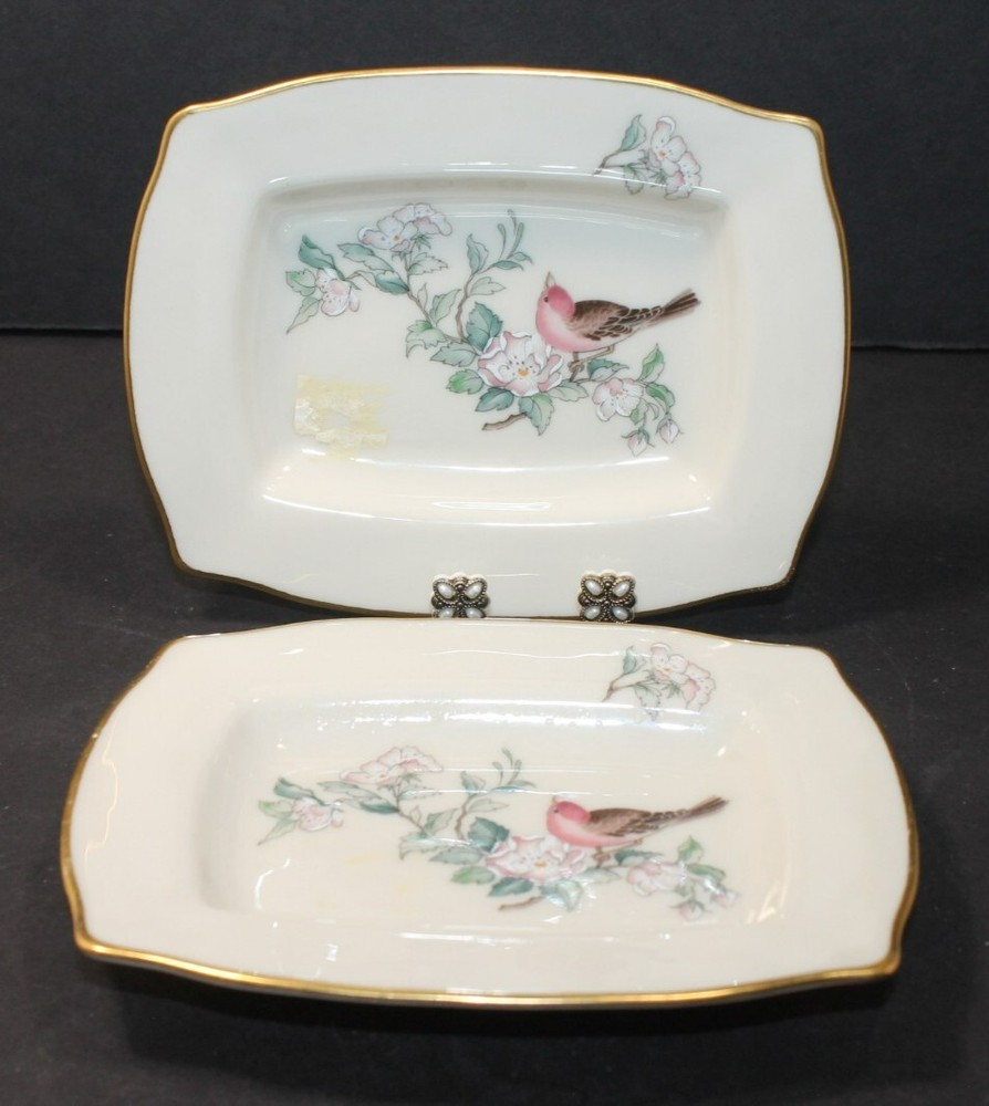Vintage Lenox USA Hand Decorated 24K Gold Bird Serenade Tray 5.25  Set of 2