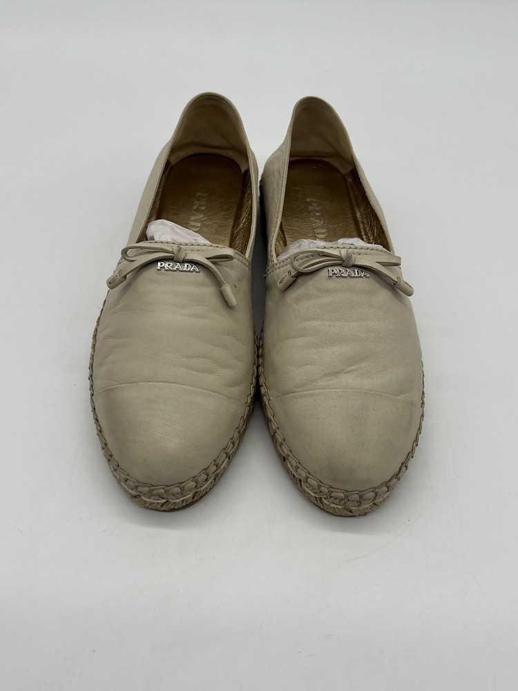 Prada Beige Leather Bow Espadrilles Flat Shoes Women Size 38 US 7.5
