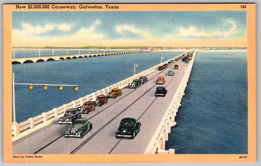 Vtg Linen Postcard New Causeway Bridge Galveston, TX 1940s