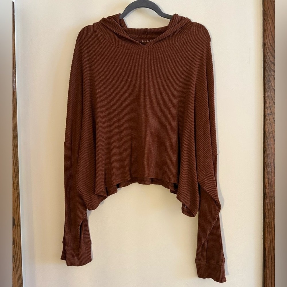 American Eagle Outfitters Chocolate Brown Ribbed Cropped Oversized Hoodie Boxy
