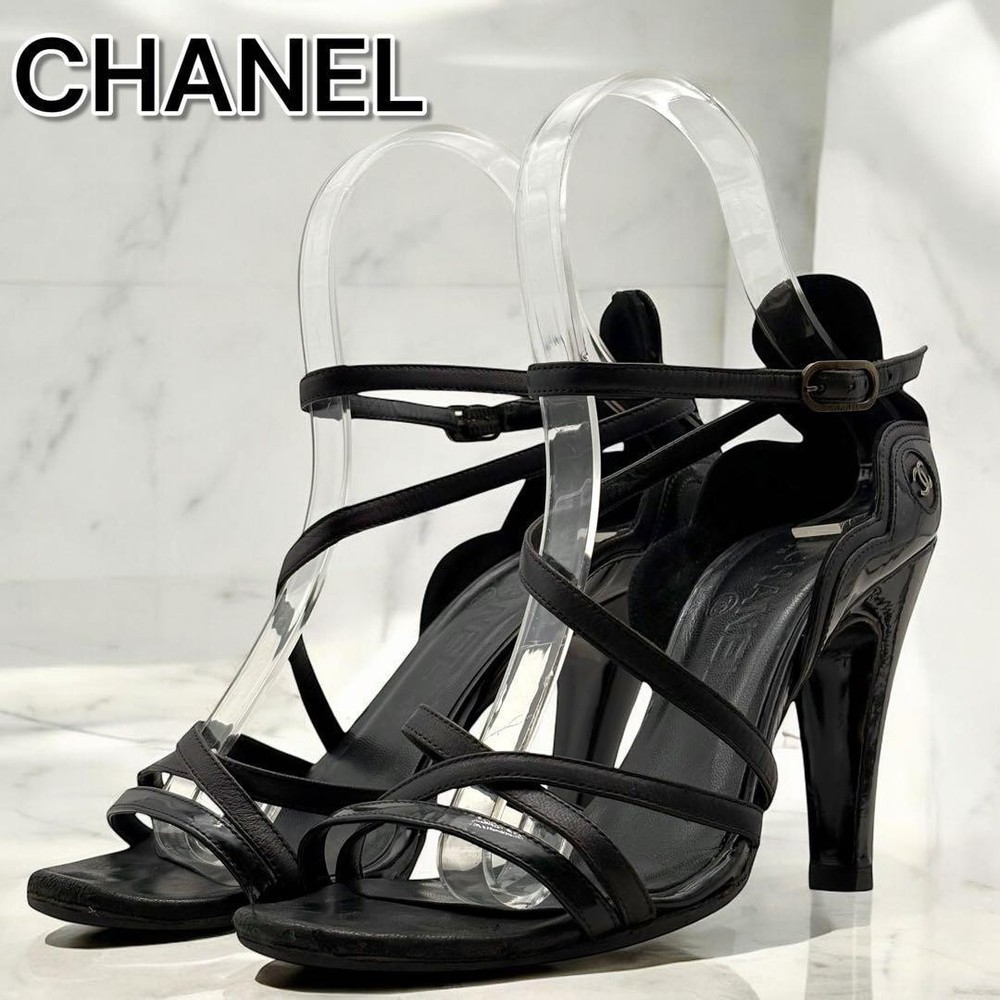 Chanel Coco Mark Black Leather Strap Sandals 22.5cm Authentic