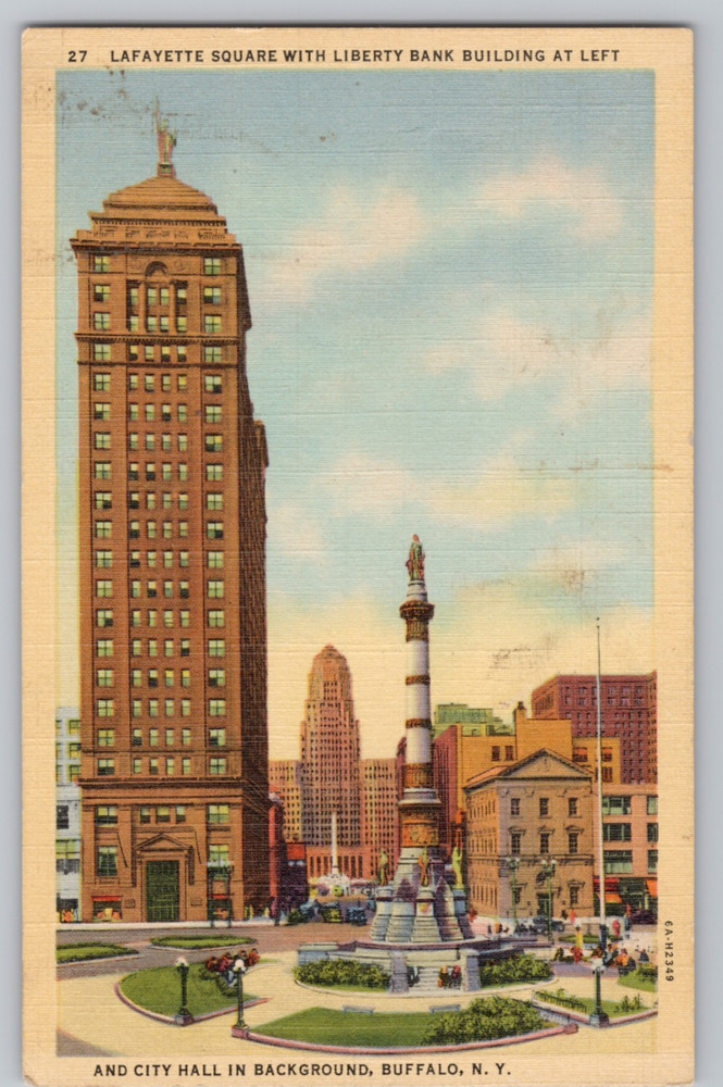NY Buffalo Lafayette Square Liberty Bank Building City Hall Linen Postcard
