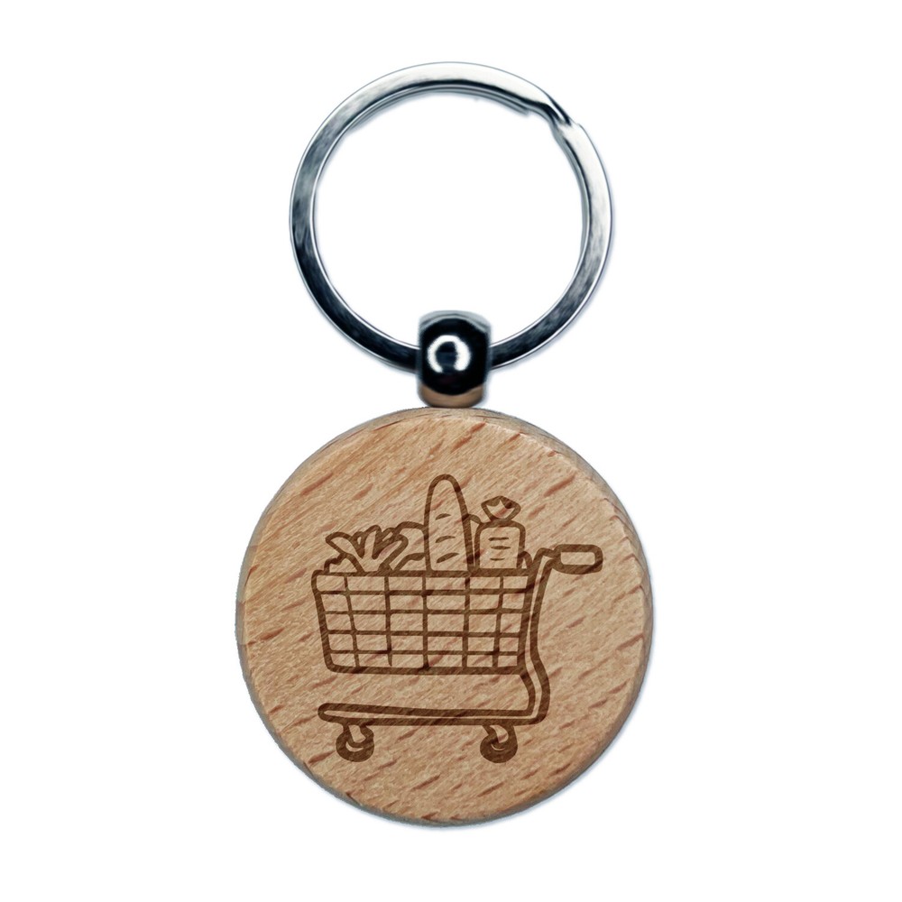 Shopping Cart Full Groceries Food Engraved Wood Round Keychain Tag Charm
