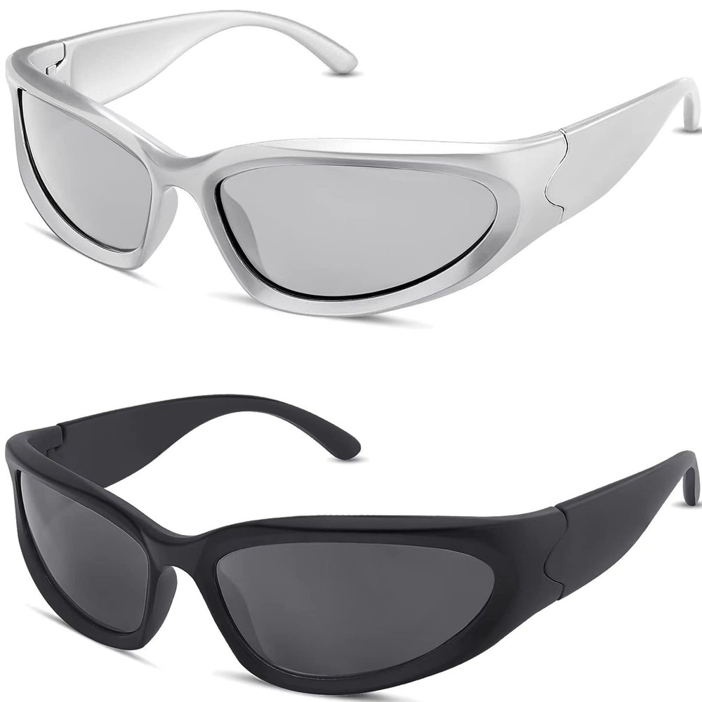 Y2K Wrap Around Sunglasses Trendy Silver Glasses Retro 90s Shades Women Futur...