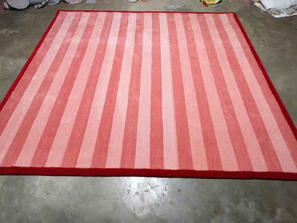 Handmade Wool Area Rug Pink Red Striped Checkered Modern Geometric Carpet Living