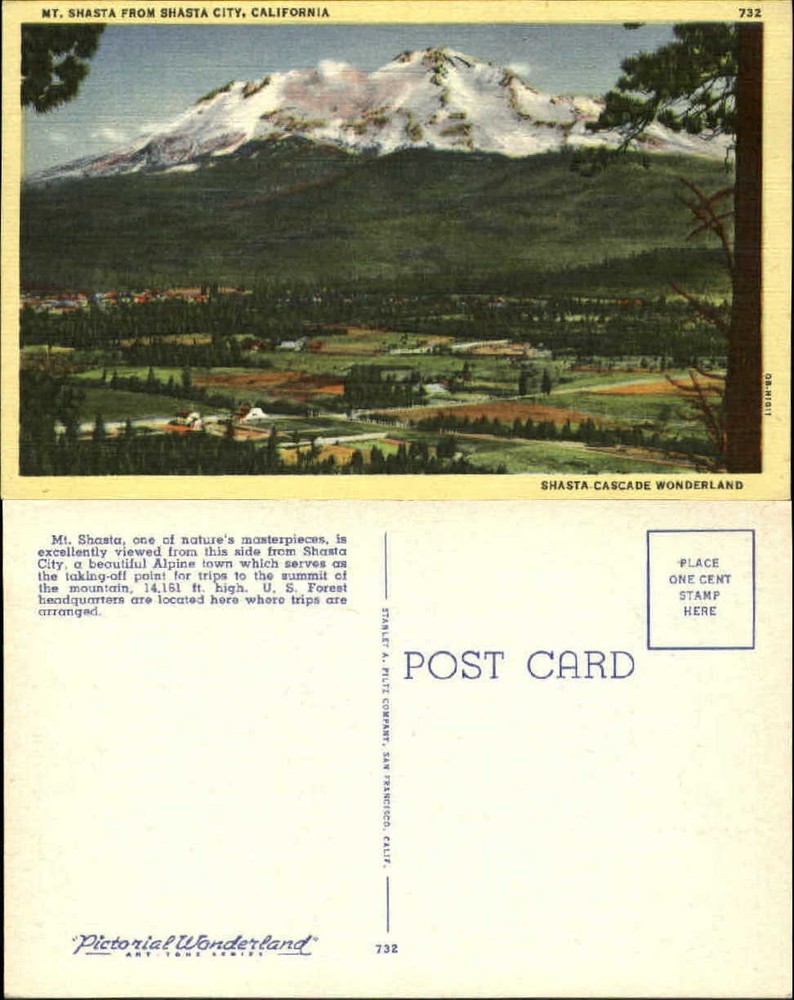 Mt Shasta California from Shasta City unused 1940s linen postcard