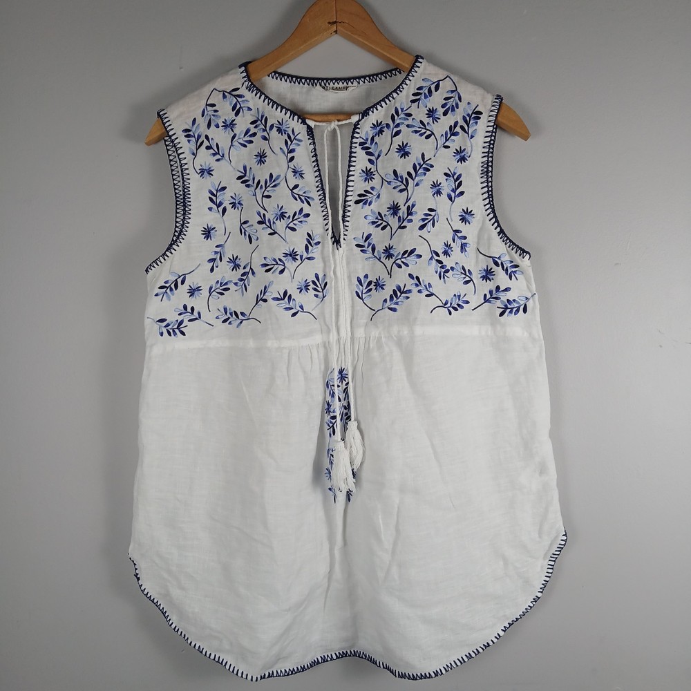 Artisan NY Women's Sleeveless Embroidered Linen Blend Top – Size M - White/Blue