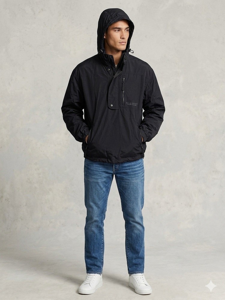 Vintage Polo Sport Ralph Lauren Black Nylon Windbreaker Jacket Mens Large Hooded