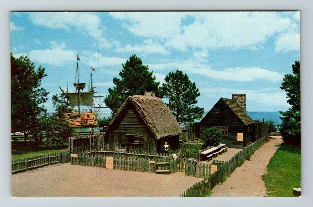 Plymouth MA-Massachusetts, Replicas Pilgrim Houses, Vintage Postcard