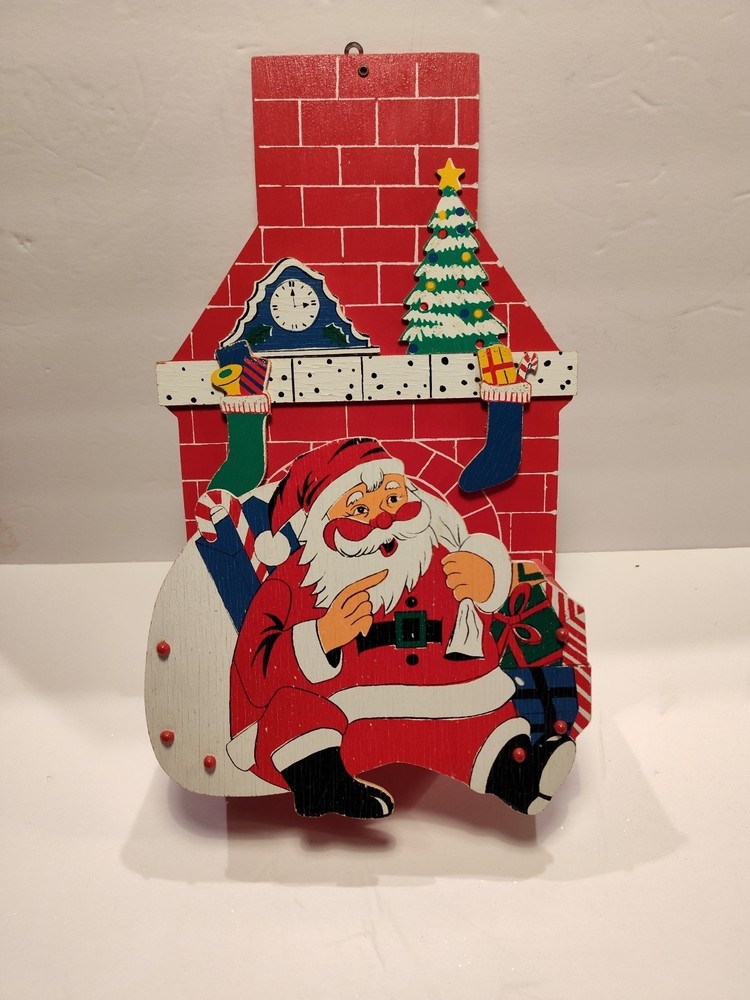 Vintage MCM  Painted Wood Christmas Mail/Card Holder Santa & Chimney JAPAN