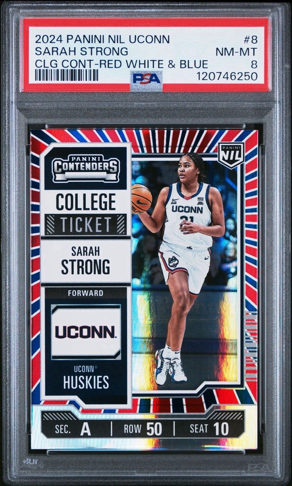 2024 PANINI NIL UCONN SARAH STRONG CLG CONT-RED WHITE & BLUE POP 2 PSA 8