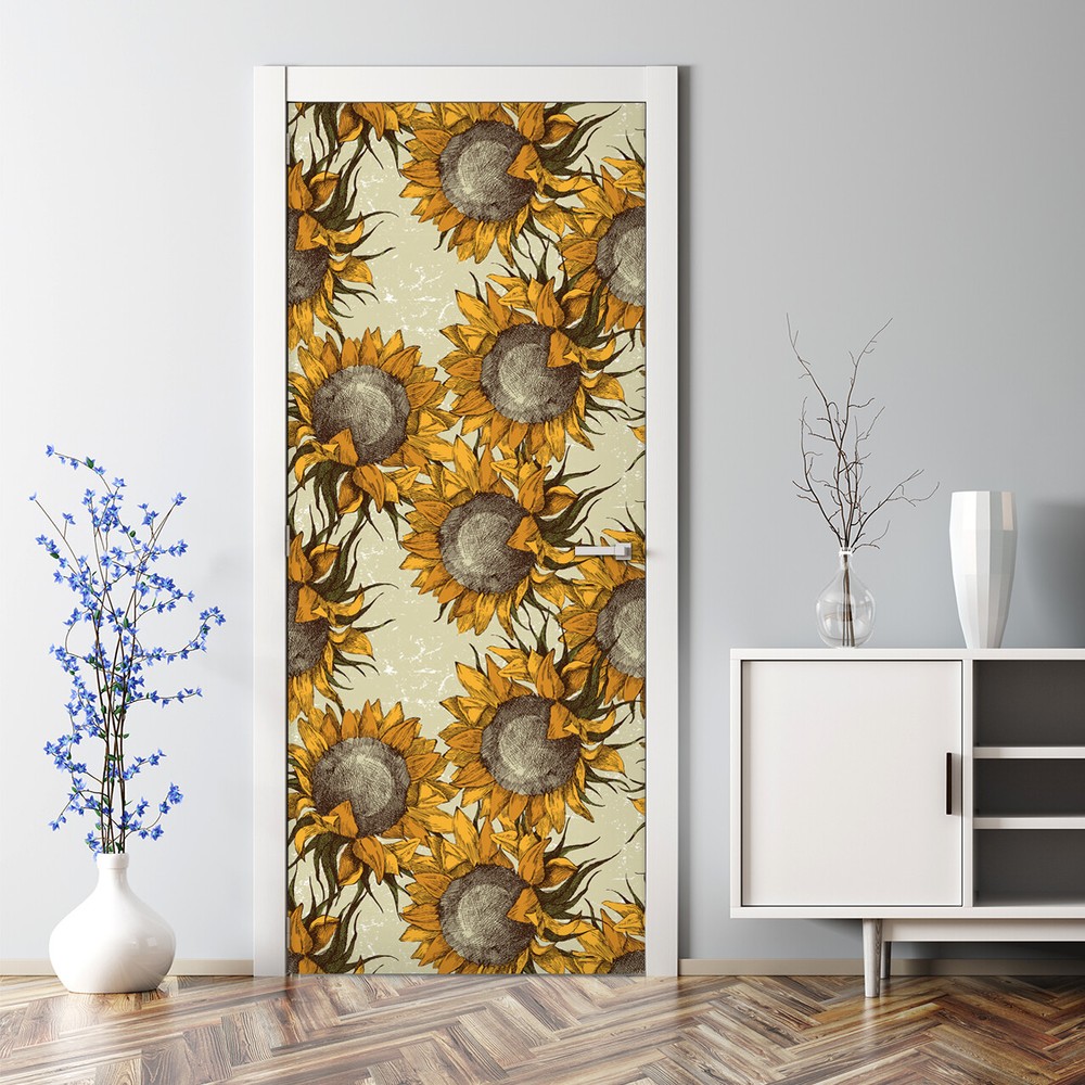 Retro Sunflowers Bubble Free | Colourful Field Flora | Repositionable Door Decal