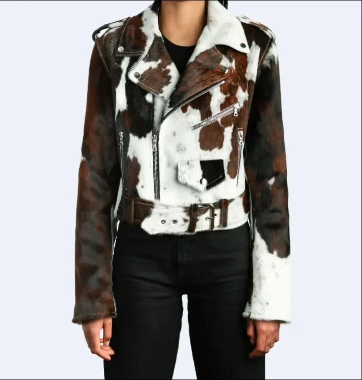 Genuine Cowhide Leather Jacket for Women Natural Hair-On Cow Skin Fashion Coat