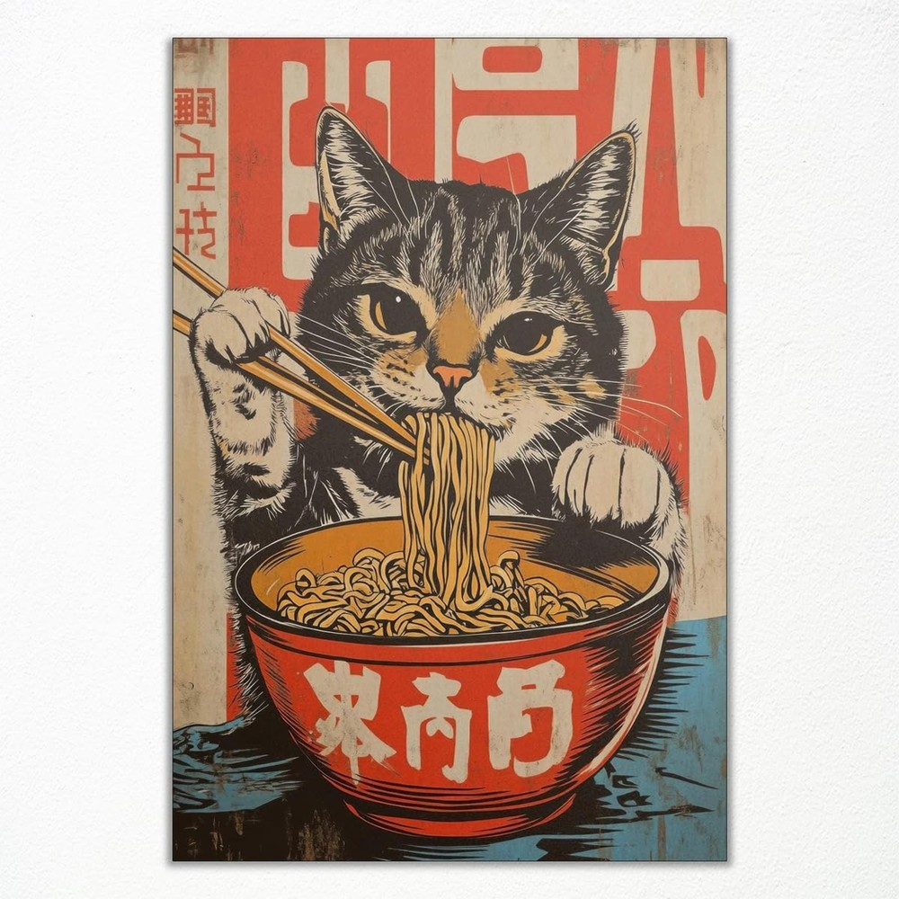 Vintage Japanese Cat Canvas Wall Art, Quirky Black Cat Eating Ramen Poster, F...