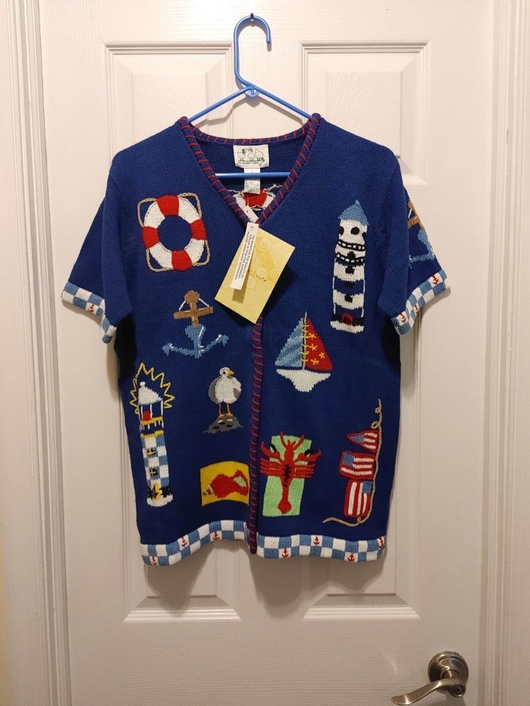 Quacker Factory Cardigan Blue Sweater Lighthouse Beach Nautical Small NWT