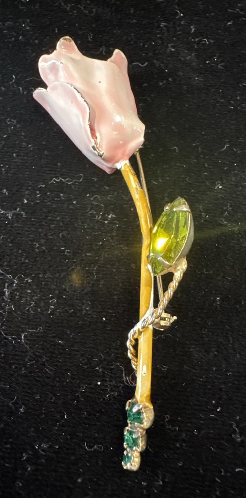 Vintage Weiss Pink Enamel Green Rhinestone White Long Stem Rose Brooch
