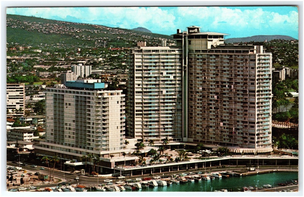 Ilikai Hotel Overlooking Waikiki and Yacht Harbor Hawaii Postcard