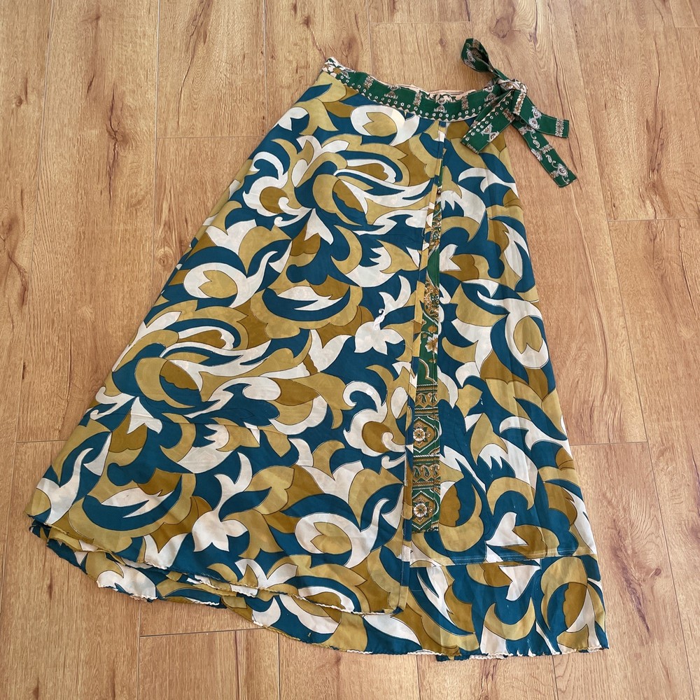 Double Layer Maxi Beach Skirt Vintage Sari Handmade Magic Wrap Boho Green Gold