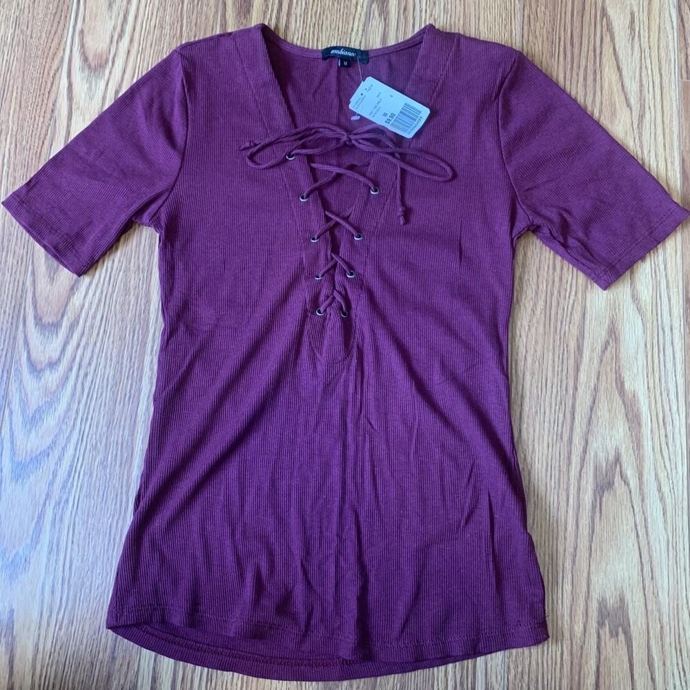 NWT Ambiance Apparel Womans Pretty Maroon Drawstring V-Neck T-Shirt! Size Medium