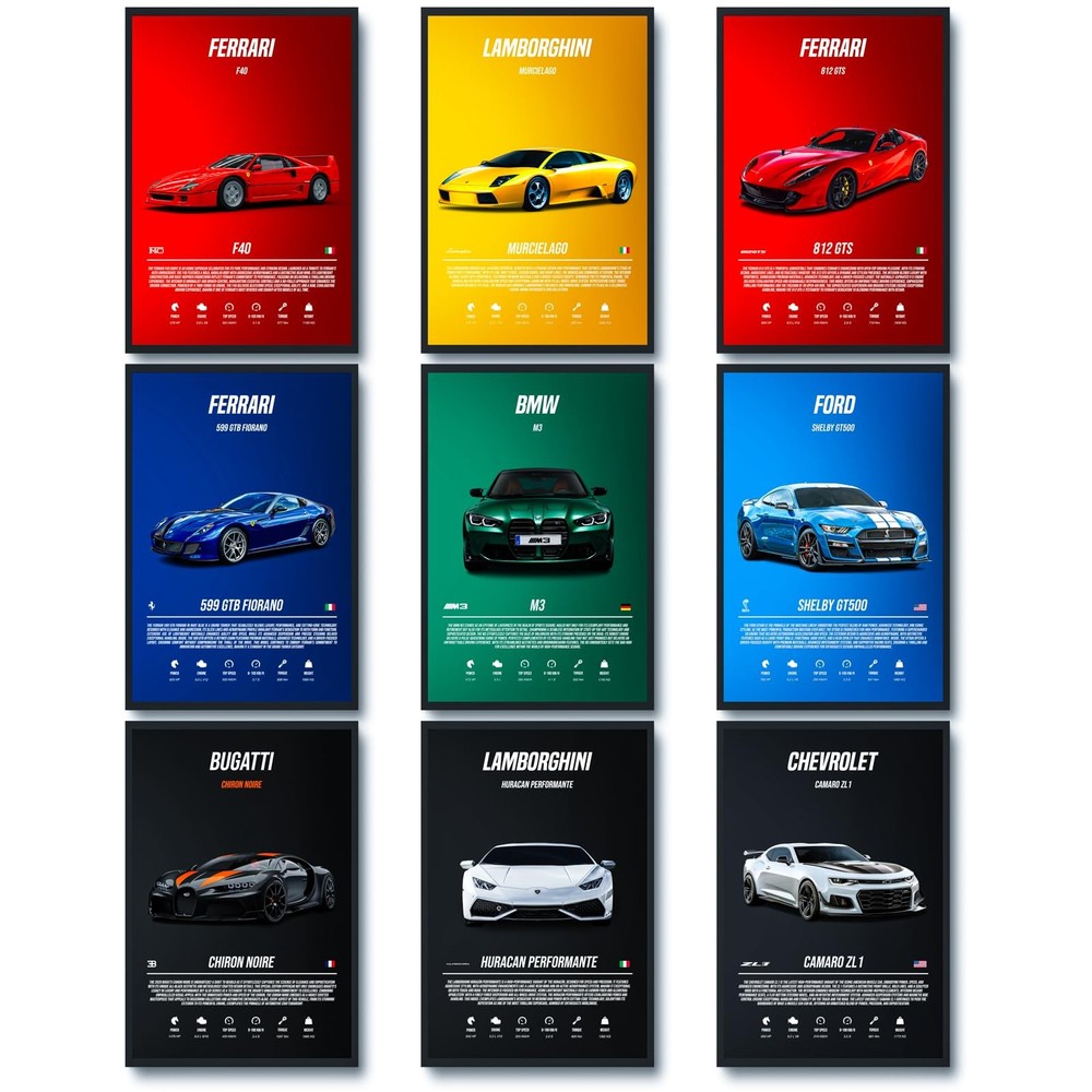 9pcs Super Car Posters for Boys Room, Sports Car Wall Decor, Racing Car Wall ...