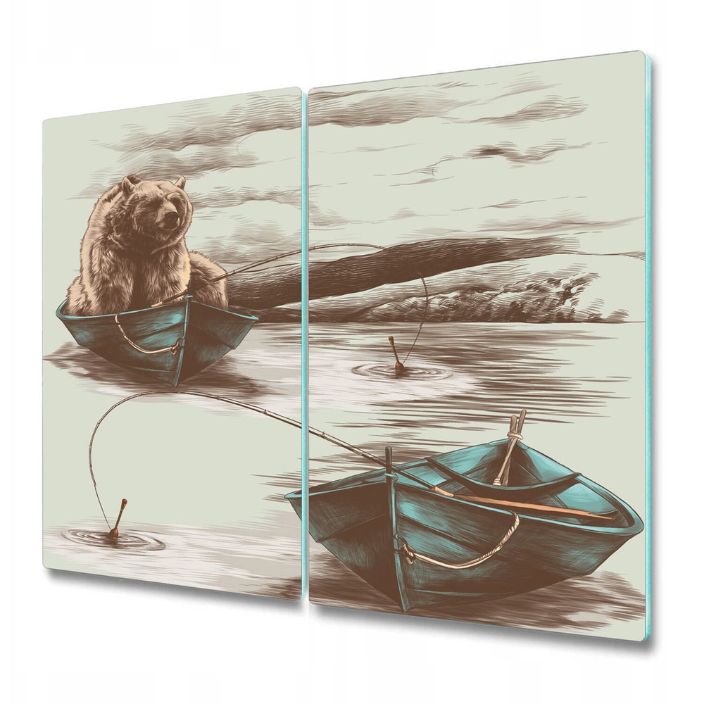 Tempered Glass Worktop Saver with Bear in Boat Fishing Design Brown and Blue 2x30x52 for Kitchen Counter Protection