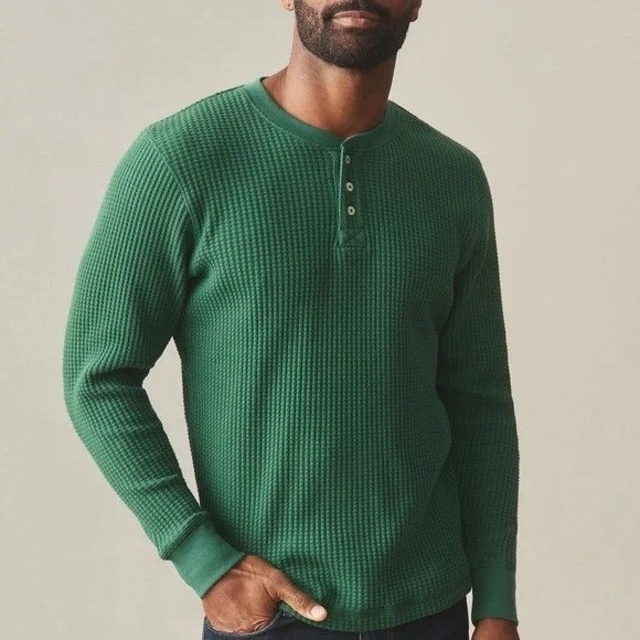 American Giant T-Shirt Men L Hunter Green Waffle Knit Cotton Stretch Henley Neck