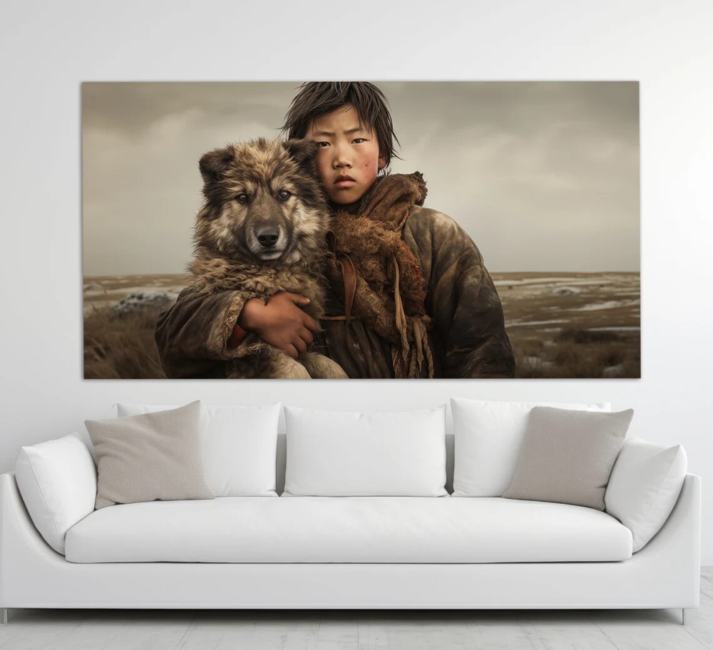 Far East Boy and Dog Abstract Vintage Wall Art Canvas Unframed Print Art